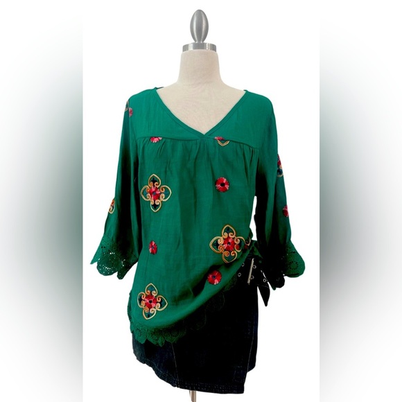 Anthropologie KINDRED -Elegant Green Embroidered Blouse - Picture 3 of 11